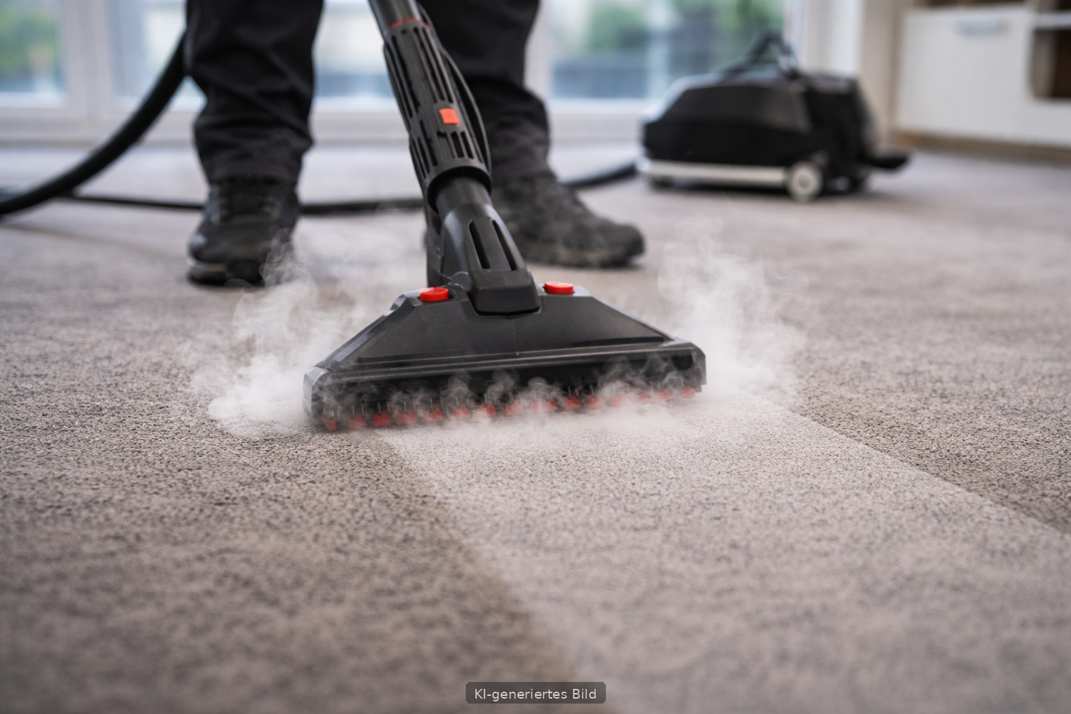 Verschmutzter Teppichboden während der Dampfreinigung