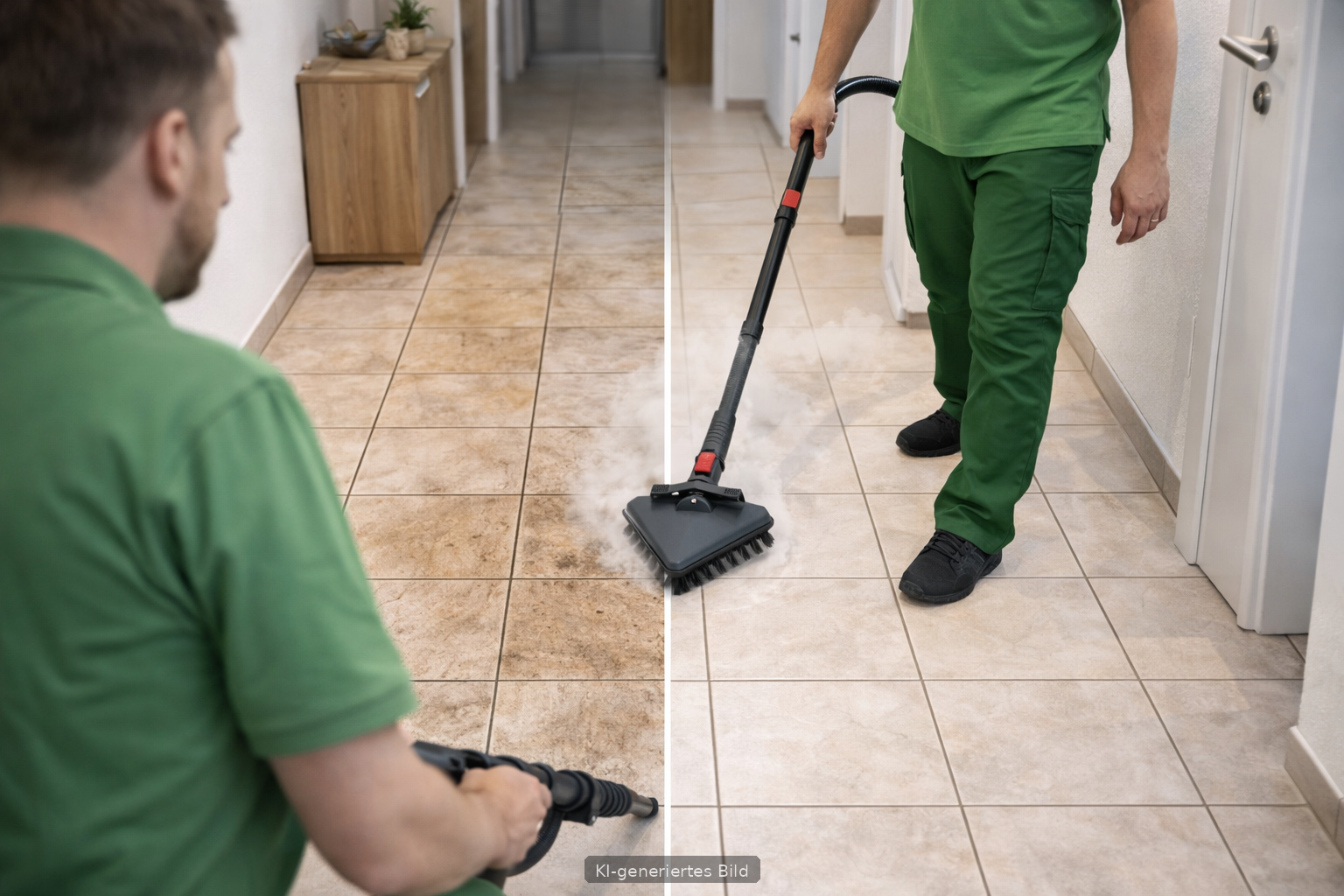 Stark verschmutzter Fliesenboden vor der Reinigung